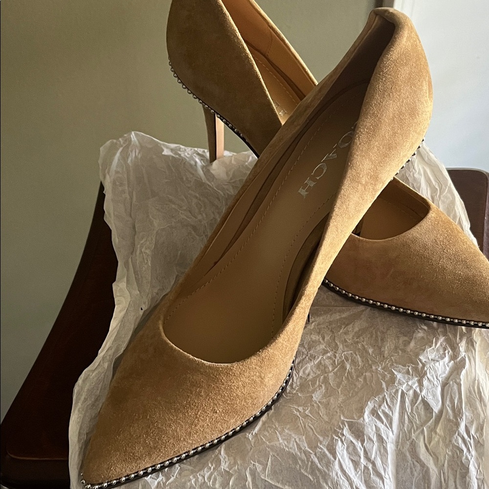 Coach Tan Suede Heels with Studded Detail